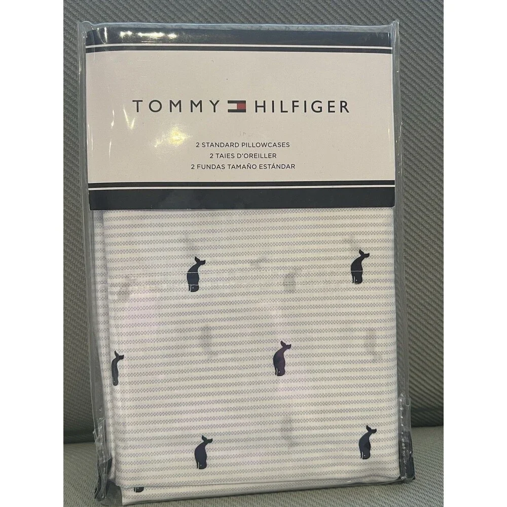 Tommy Hilfiger Standard Pillowcases Pair Whale Blue Stripe Cotton Blend New